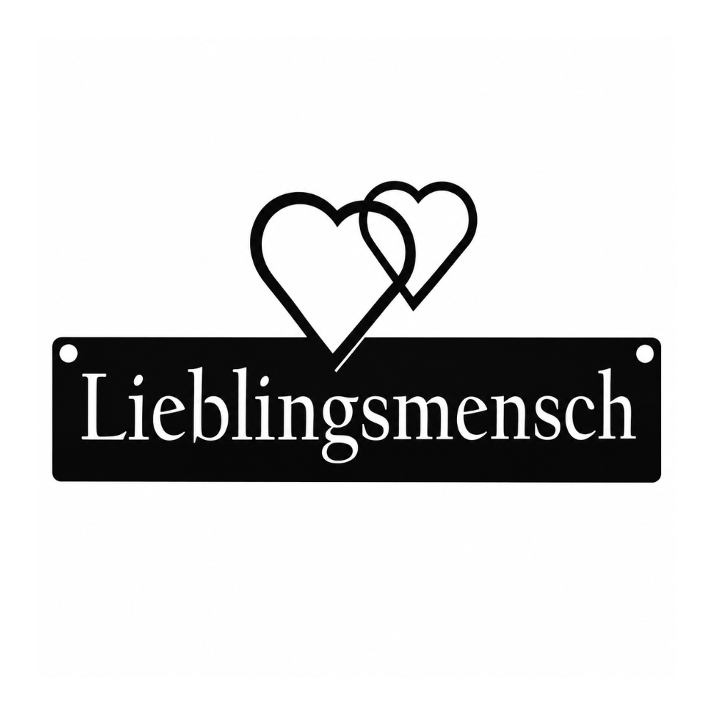 Schwarzes Wandschild aus Metall mit Schriftzug „Lieblingsmensch“ und Herzen