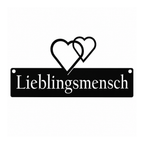 Schwarzes Wandschild aus Metall mit Schriftzug „Lieblingsmensch“ und Herzen