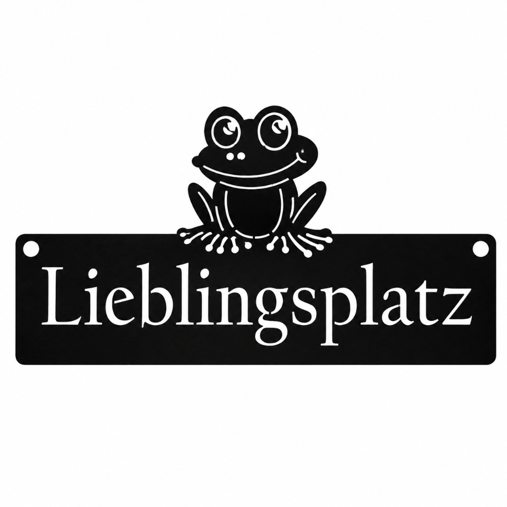 Wandschild aus Metall „Lieblingsplatz“ in Schwarz matt mit Froschmotiv