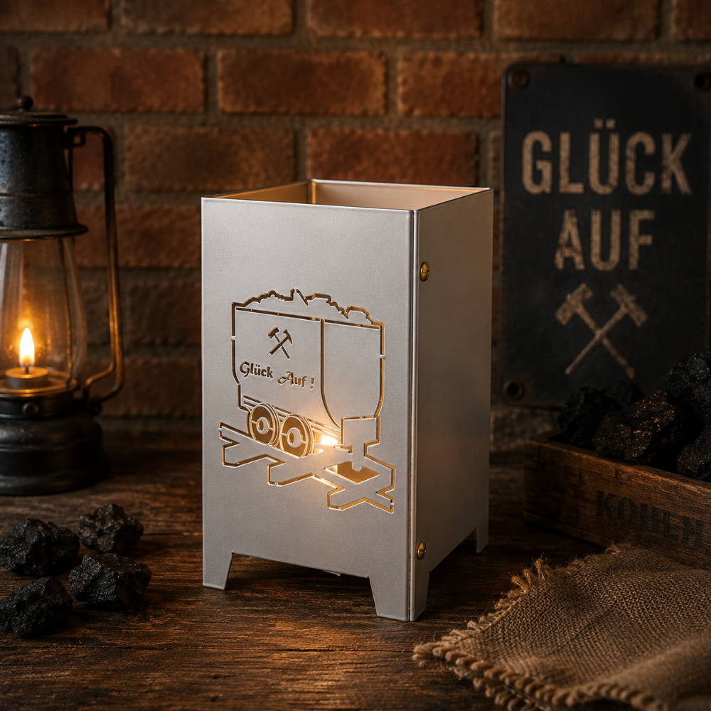 Windlicht Lore Ruhrpott in Brillant Silber mit Lore und Glück Auf dekoriert
