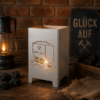 Windlicht Lore Ruhrpott in Brillant Silber mit Lore und Glück Auf dekoriert